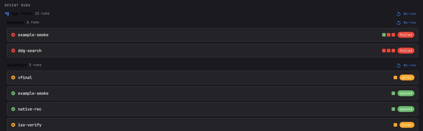 The App Tests panel showing the Recent Runs tree: an App Tests project and its harness and selftest apps, each with a Re-run button, and test rows with passed/failed/error chips and run-history strips