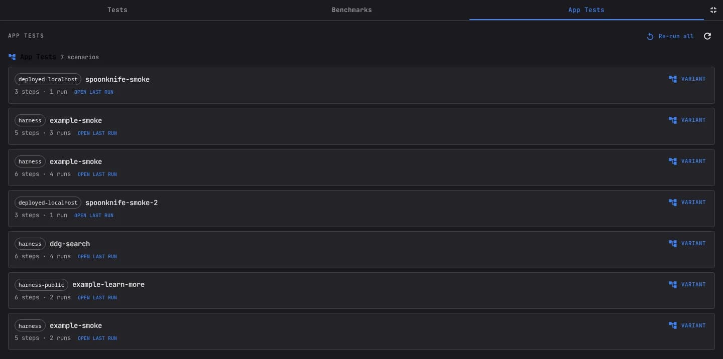 The App Tests tab of the Test Panel, grouped under a project with a Re-run all button and per-scenario cards showing app, step count, and run count