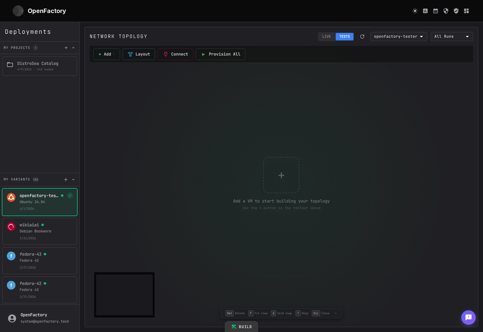 OpenFactory CTO GUI dashboard showing a logged-in Linux fleet workspace with projects, variants, and topology controls