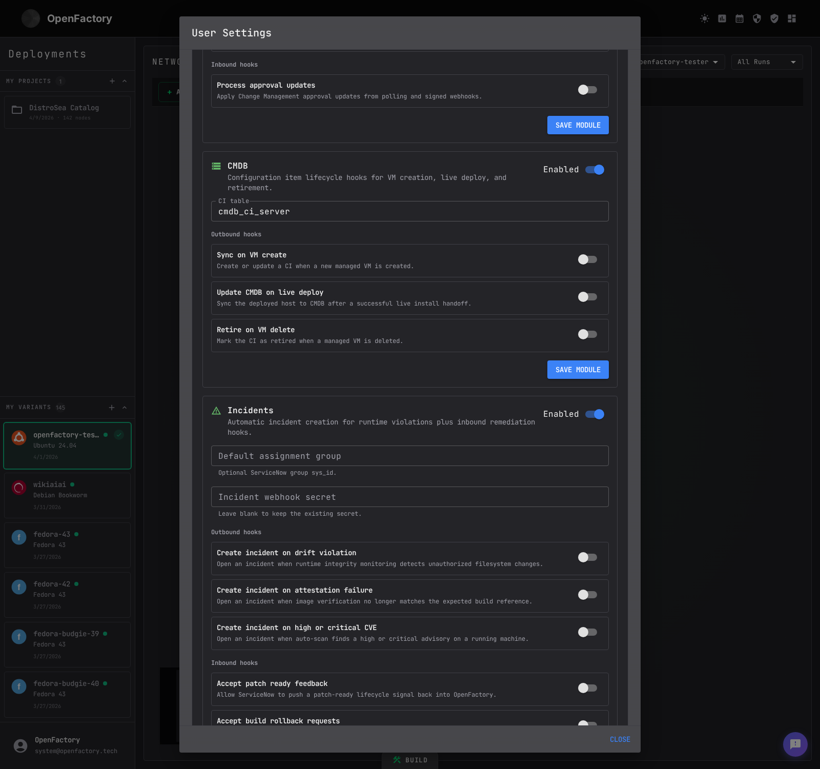 OpenFactory CTO GUI ServiceNow settings tab showing CMDB and incident hook toggles including update CMDB on live deploy