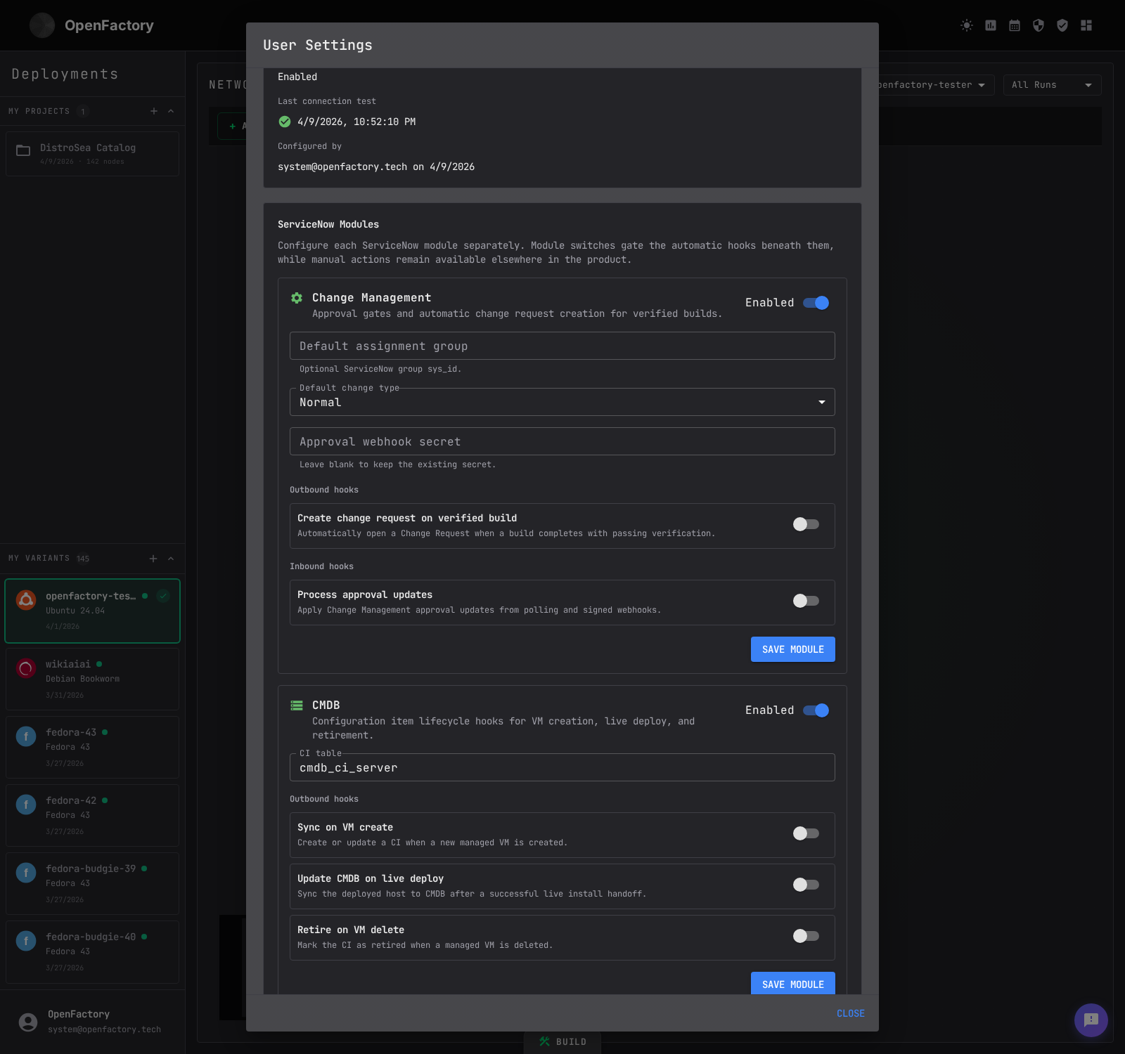 OpenFactory CTO GUI ServiceNow settings tab showing module-level controls for Change Management and CMDB