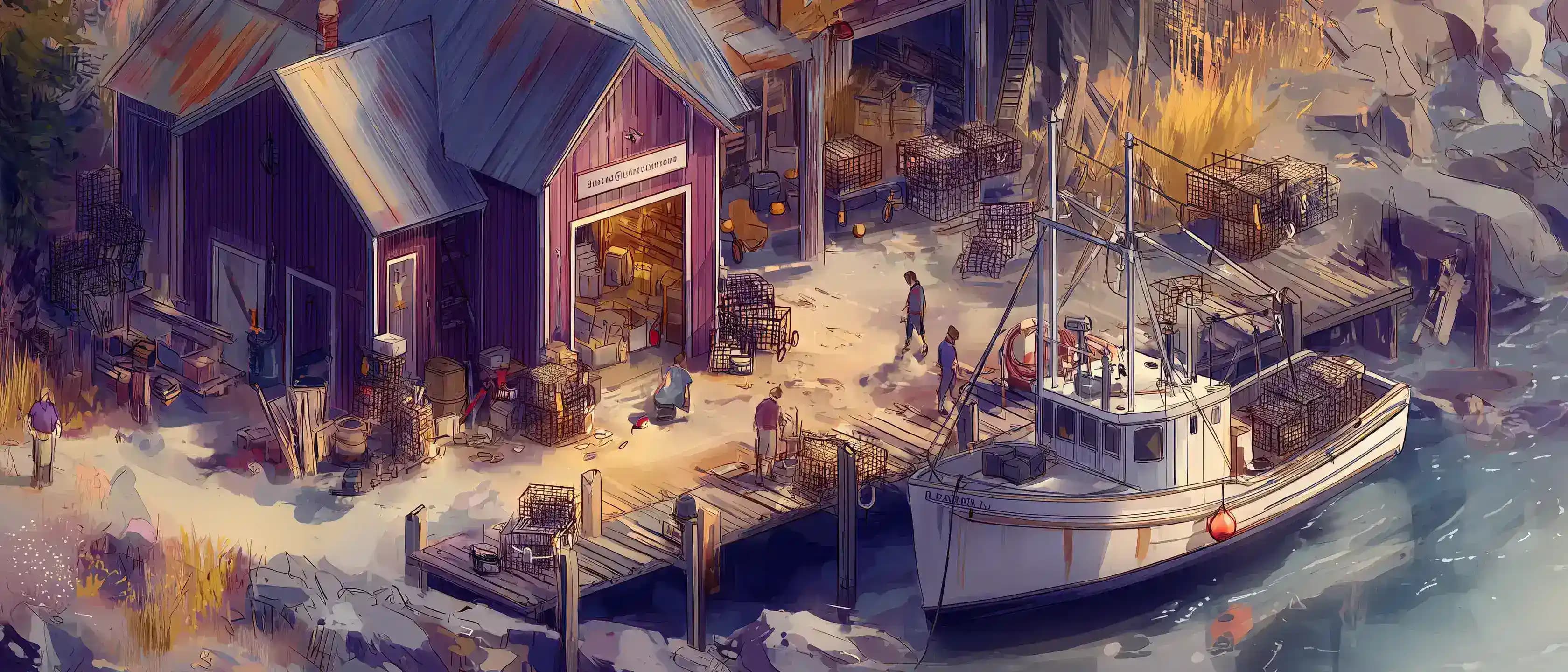 Coastal workshop and harbor illustrating the OpenFactory community