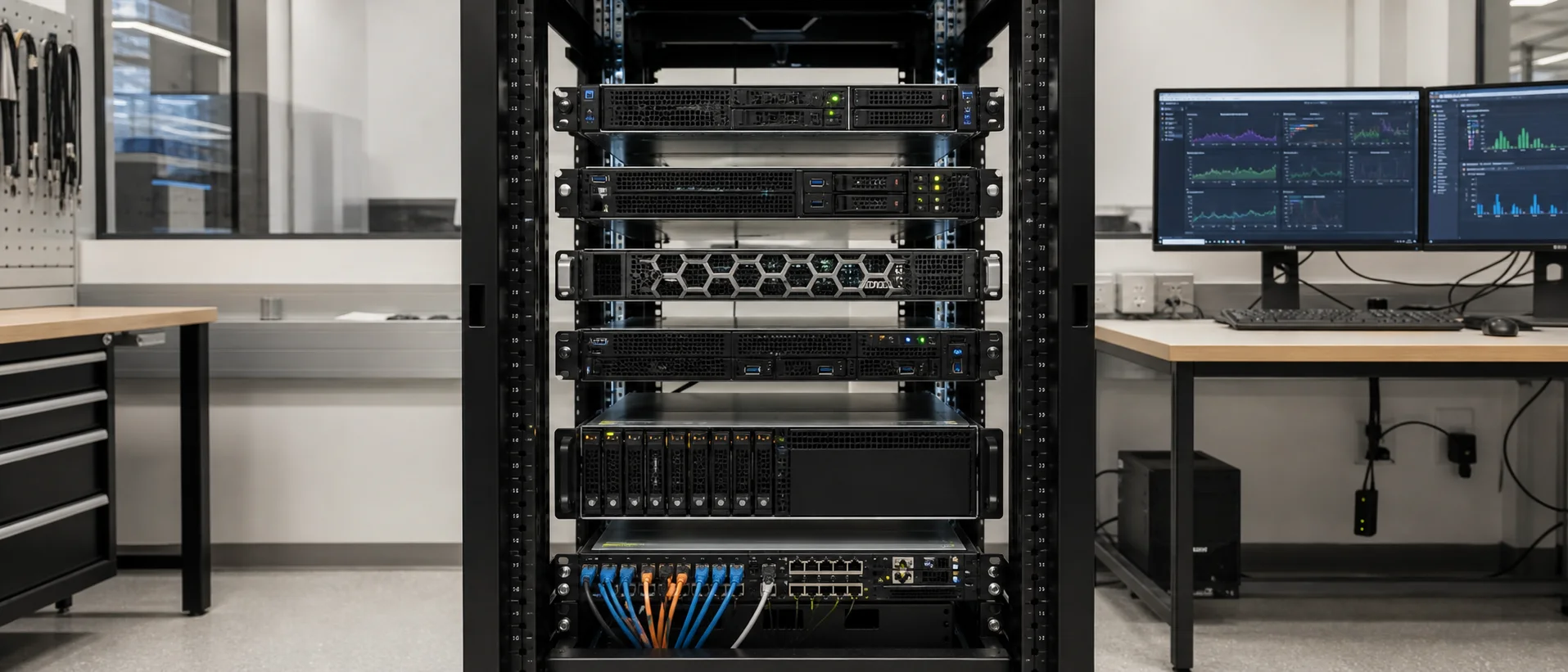 A bright six-node HPC rack with cluster monitoring screens